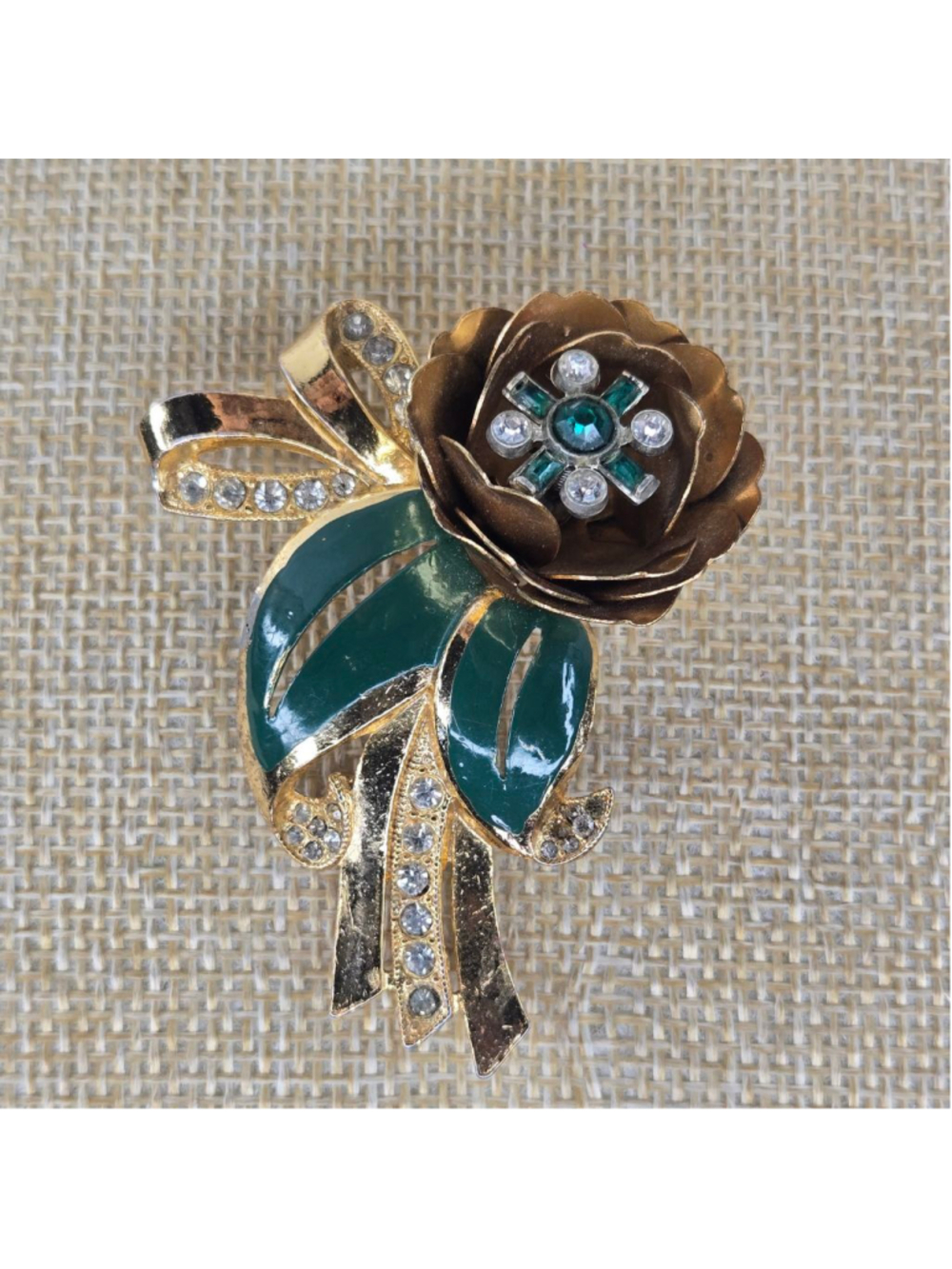 Vintage Coro Brooch Adolf Katz Gold Tone Green Enamel Trembling Camellia Flower